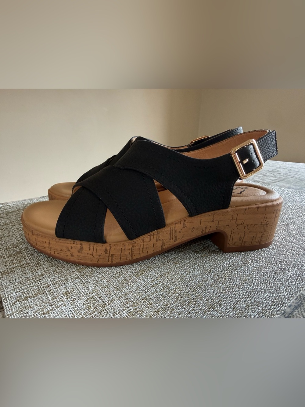 Cliffs by WHITE MOUNTAIN Black Cross-Strap Sandal with Cork-Look Platform
